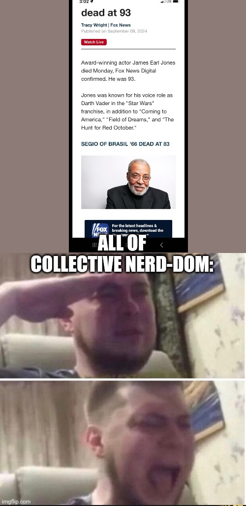 I know it's a little late,but still relevant | ALL OF COLLECTIVE NERD-DOM: | image tagged in crying salute | made w/ Imgflip meme maker