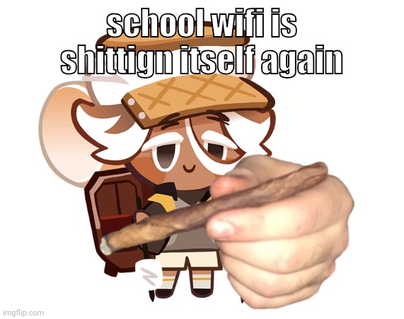 smore cookie with a blunt | school wifi is shittign itself again | image tagged in smore cookie with a blunt | made w/ Imgflip meme maker