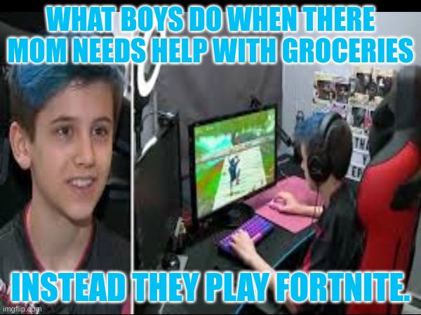 lets play some Fortnite instead | WHAT BOYS DO WHEN THERE MOM NEEDS HELP WITH GROCERIES; INSTEAD THEY PLAY FORTNITE. | image tagged in fortnite | made w/ Imgflip meme maker