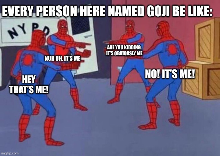 4 Spiderman pointing at each other | HEY THAT’S ME! NUH UH, IT’S ME ARE YOU KIDDING, IT’S OBVIOUSLY ME NO! IT’S ME! EVERY PERSON HERE NAMED GOJI BE LIKE: | image tagged in 4 spiderman pointing at each other | made w/ Imgflip meme maker