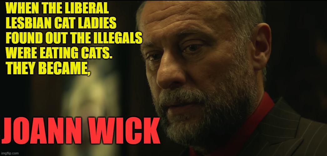 Joann Wick | WHEN THE LIBERAL
LESBIAN CAT LADIES
FOUND OUT THE ILLEGALS
WERE EATING CATS. THEY BECAME, JOANN WICK | image tagged in john wick,cat lady,illegal immigration,pets,cats,dogs | made w/ Imgflip meme maker