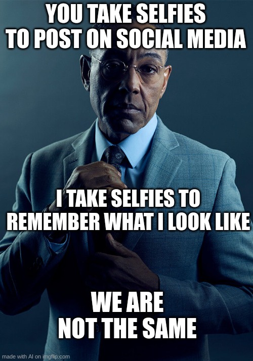 fortnite | YOU TAKE SELFIES TO POST ON SOCIAL MEDIA; I TAKE SELFIES TO REMEMBER WHAT I LOOK LIKE; WE ARE NOT THE SAME | image tagged in gus fring we are not the same | made w/ Imgflip meme maker