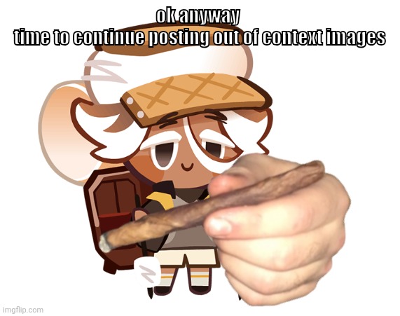 smore cookie with a blunt | ok anyway 
time to continue posting out of context images | image tagged in smore cookie with a blunt | made w/ Imgflip meme maker