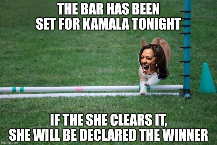 Can the self declared "underdog" do it? | THE BAR HAS BEEN SET FOR KAMALA TONIGHT; IF THE SHE CLEARS IT, SHE WILL BE DECLARED THE WINNER | image tagged in corgi jump,democrats,kamala harris,trump | made w/ Imgflip meme maker