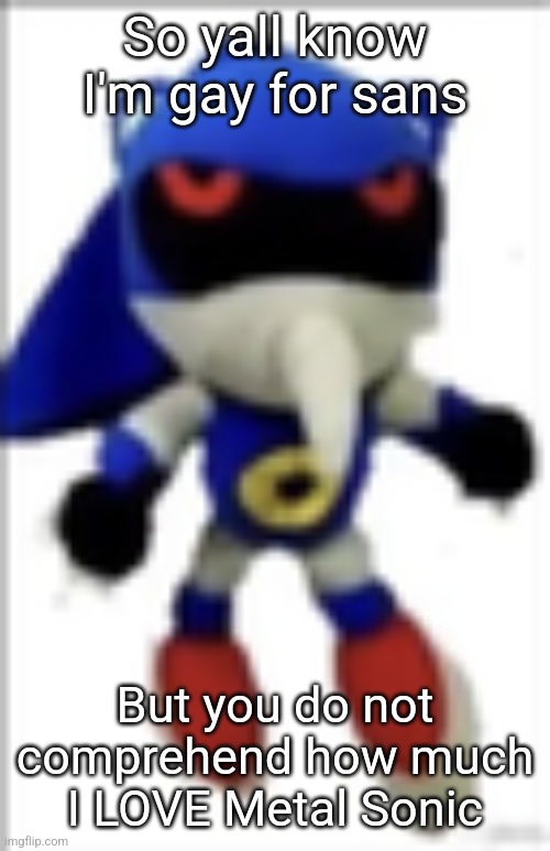 "huehaehue" - Meat Song | So yall know I'm gay for sans; But you do not comprehend how much I LOVE Metal Sonic | image tagged in silly metal sonic plush | made w/ Imgflip meme maker