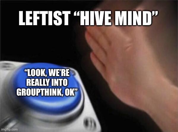 Blank Nut Button | LEFTIST “HIVE MIND”; “LOOK, WE’RE REALLY INTO GROUPTHINK, OK” | image tagged in memes,blank nut button | made w/ Imgflip meme maker