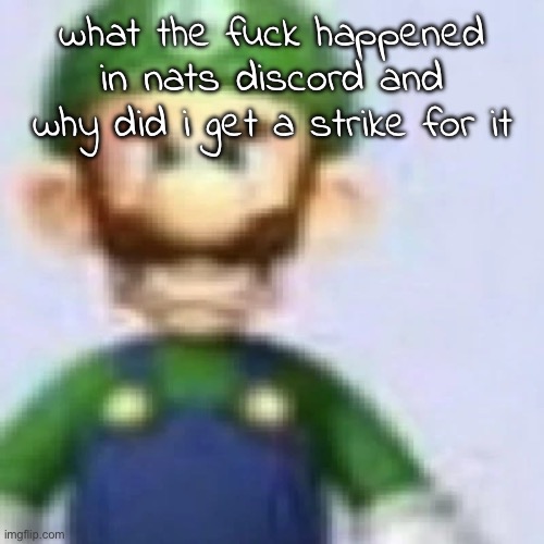 nats serv is what sillybin is right | what the fuck happened in nats discord and why did i get a strike for it | image tagged in angry luigi | made w/ Imgflip meme maker