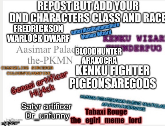 Repost but add your dnd characters class and race | BLOODHUNTER 
ARAKOCRA | image tagged in repost but add your dnd characters class and race | made w/ Imgflip meme maker