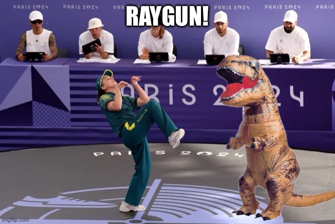 Raygun | RAYGUN! | image tagged in dinosaur,break dancing | made w/ Imgflip meme maker