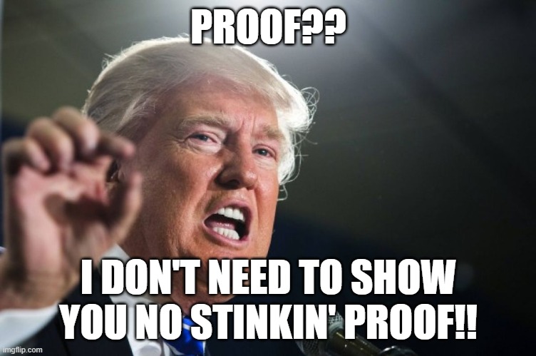 donald trump | PROOF?? I DON'T NEED TO SHOW YOU NO STINKIN' PROOF!! | image tagged in donald trump | made w/ Imgflip meme maker