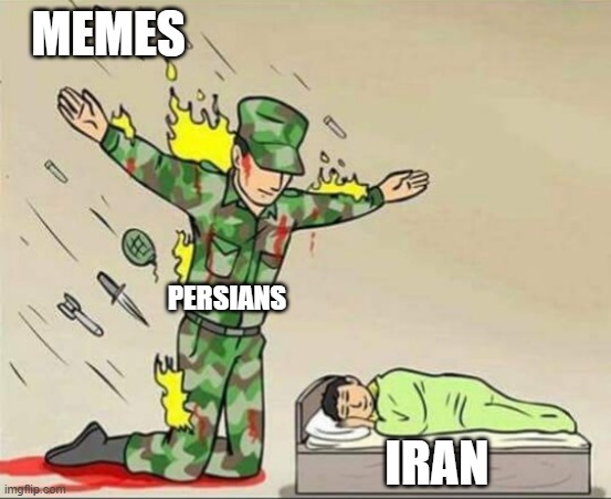 harmful memes | MEMES; PERSIANS; IRAN | image tagged in soldier protecting sleeping child,iran,persian,iranian,memes,funny memes | made w/ Imgflip meme maker