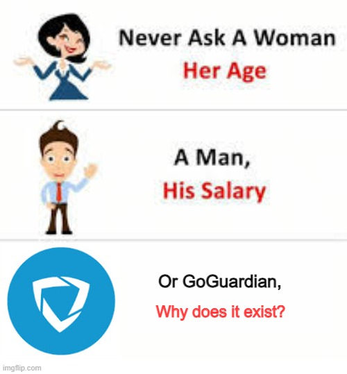 GoGuardian Sucks | Or GoGuardian, Why does it exist? | image tagged in never ask a woman her age,goguardian,memes,funny,fun | made w/ Imgflip meme maker