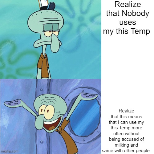 Squidward sad then happy | Realize that Nobody uses my this Temp; Realize that this means that I can use my this Temp more often without being accused of milking and same with other people | image tagged in squidward sad then happy | made w/ Imgflip meme maker