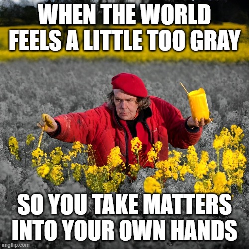 world | WHEN THE WORLD FEELS A LITTLE TOO GRAY; SO YOU TAKE MATTERS INTO YOUR OWN HANDS | image tagged in memes | made w/ Imgflip meme maker