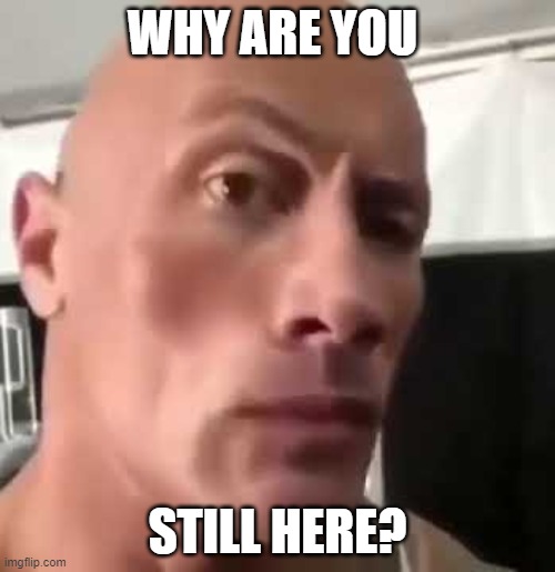 The Rock Eyebrows | WHY ARE YOU; STILL HERE? | image tagged in the rock eyebrows | made w/ Imgflip meme maker