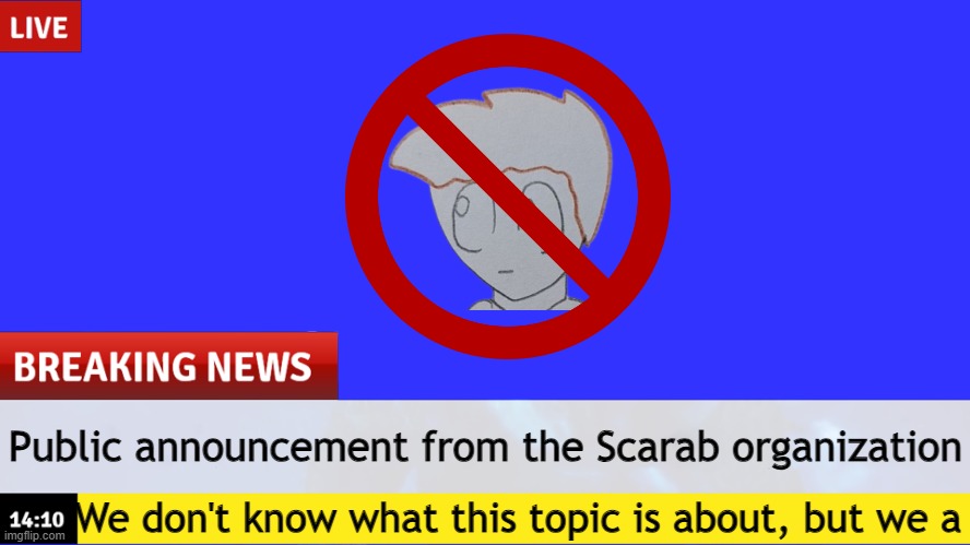 Public announcement | Public announcement from the Scarab organization; We don't know what this topic is about, but we a | image tagged in breaking news template | made w/ Imgflip meme maker