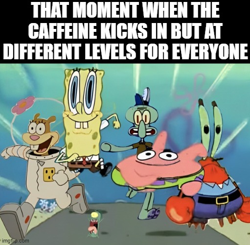 caffeine | THAT MOMENT WHEN THE CAFFEINE KICKS IN BUT AT DIFFERENT LEVELS FOR EVERYONE | image tagged in memes | made w/ Imgflip meme maker
