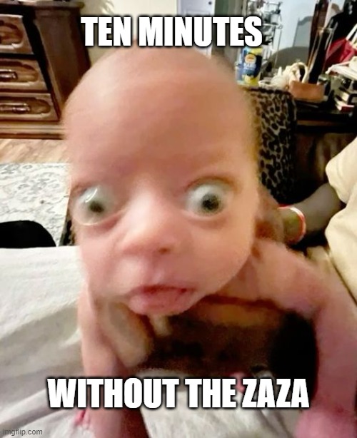 zaza | TEN MINUTES; WITHOUT THE ZAZA | image tagged in drunk baby | made w/ Imgflip meme maker