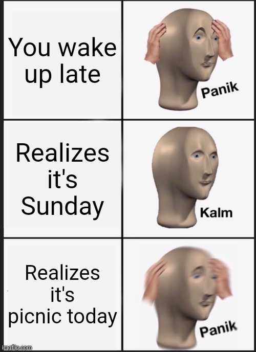 Weekend pivnic | You wake up late; Realizes it's Sunday; Realizes it's picnic today | image tagged in memes,panik kalm panik,funny | made w/ Imgflip meme maker