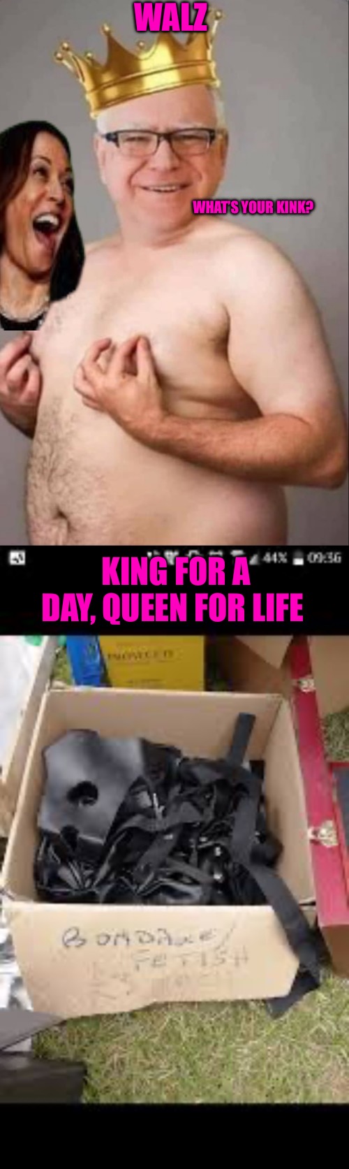 The Emperors New Clothes | WALZ; WHAT’S YOUR KINK? KING FOR A DAY, QUEEN FOR LIFE | image tagged in tim walz is a pretty girl,drag queen,political memes,political meme,progressive | made w/ Imgflip meme maker