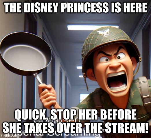 We need to stop her. (https://imgflip.com/i/9329sm) | THE DISNEY PRINCESS IS HERE; QUICK, STOP HER BEFORE SHE TAKES OVER THE STREAM! | image tagged in confused imperial/japanese screaming | made w/ Imgflip meme maker