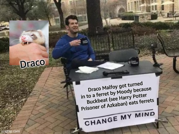 it's exactly why. | Draco; Draco Malfoy got turned in to a ferret by Moody because Buckbeat (see Harry Potter Prisoner of Azkaban) eats ferrets | image tagged in memes,change my mind,harry potter | made w/ Imgflip meme maker