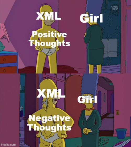 XML meme #7 | XML; Girl; Positive
Thoughts; XML; Girl; Negative
Thoughts | image tagged in homer simpson's back fat,friday night funkin,fnf au,xml hatsune,girl gearest | made w/ Imgflip meme maker