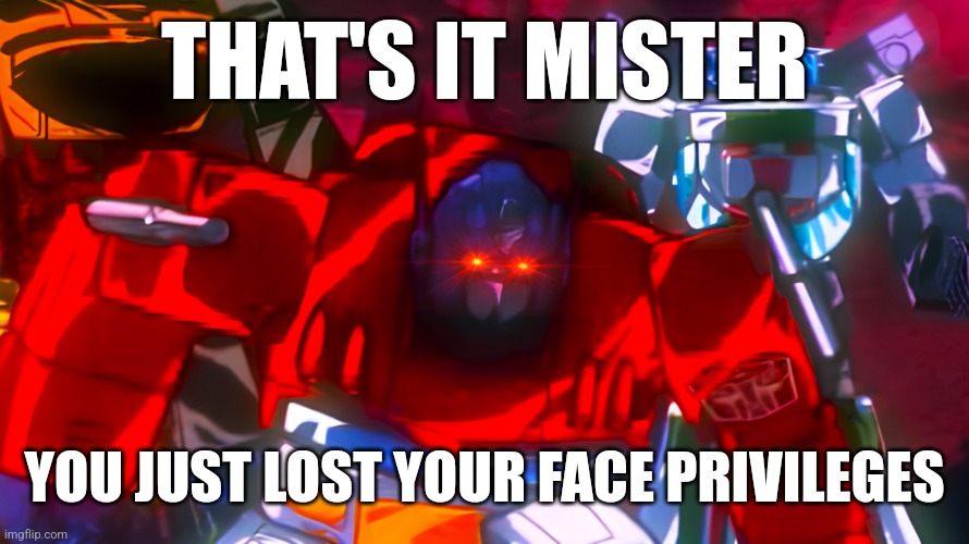 Optimus removes your face privileges | THAT'S IT MISTER; YOU JUST LOST YOUR FACE PRIVILEGES | image tagged in transformers,funny,optimus prime,funny meme | made w/ Imgflip meme maker