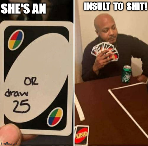 UNO Draw 25 Cards Meme | SHE'S AN INSULT  TO  SHIT! | image tagged in memes,uno draw 25 cards | made w/ Imgflip meme maker