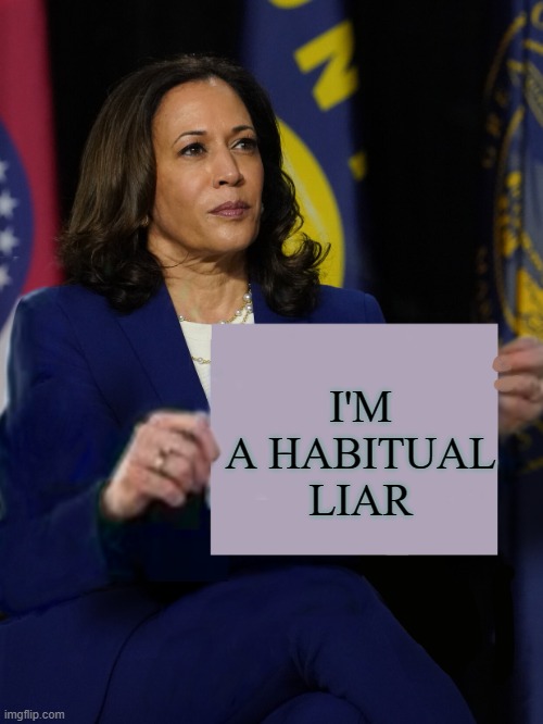 Kamala Harris Holding Sign | I'M A HABITUAL LIAR | image tagged in kamala harris holding sign,kamala harris,california,democrats | made w/ Imgflip meme maker