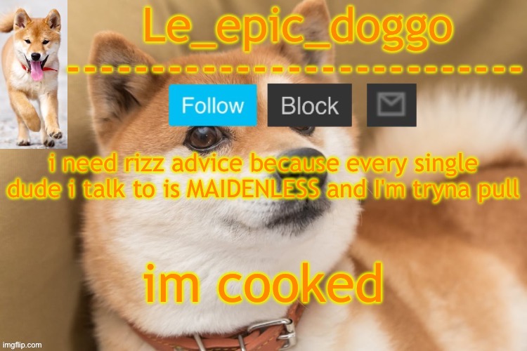 epic doggo's temp back in old fashion | i need rizz advice because every single dude i talk to is MAIDENLESS and I'm tryna pull; im cooked | image tagged in epic doggo's temp back in old fashion | made w/ Imgflip meme maker