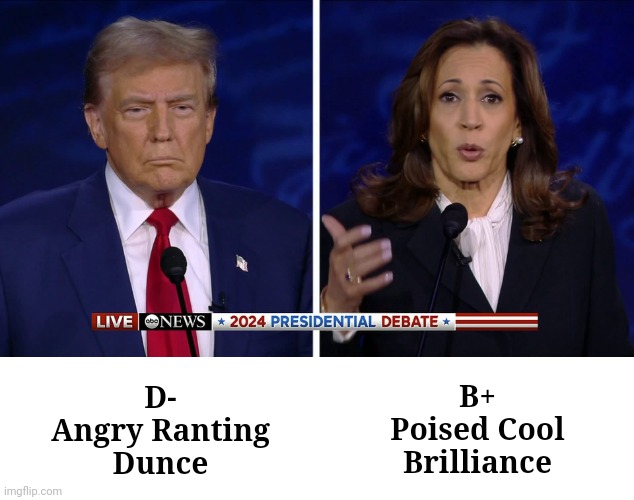 Trump-Harris Presidential Debate | B+
Poised Cool
Brilliance; D-
Angry Ranting
Dunce | image tagged in donald trump,kamala harris,presidential debate | made w/ Imgflip meme maker