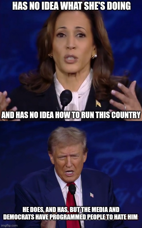 Debate Reality | HAS NO IDEA WHAT SHE'S DOING; AND HAS NO IDEA HOW TO RUN THIS COUNTRY; HE DOES, AND HAS, BUT THE MEDIA AND DEMOCRATS HAVE PROGRAMMED PEOPLE TO HATE HIM | image tagged in presidential debate,2024,president trump,kamala harris,political,reality check | made w/ Imgflip meme maker