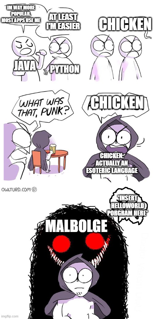 Amateurs 3.0 | IM WAY MORE POPULAR. MOST APPS USE ME; AT LEAST I'M EASIER; CHICKEN; JAVA; PYTHON; CHICKEN; CHICKEN: ACTUALLY AN ESOTERIC LANGUAGE; *INSERT HELLOWORLD PORGRAM HERE*; MALBOLGE | image tagged in amateurs 3 0 | made w/ Imgflip meme maker