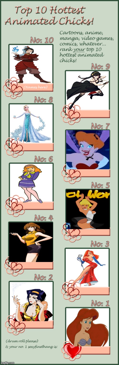 top 10 hottest animated chicks | image tagged in top 10 hottest animated chicks,chicks,disney,spy x family,anime,sexy women | made w/ Imgflip meme maker