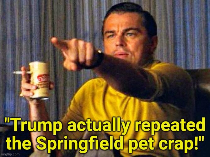 Tonight's big debate | "Trump actually repeated the Springfield pet crap!" | image tagged in leonardo dicaprio pointing at tv | made w/ Imgflip meme maker