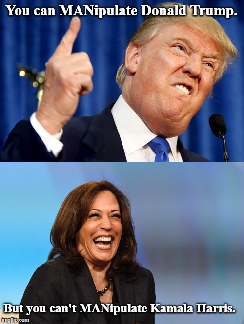 Raining Cats and Dogs on Trumps Parade. | You can MANipulate Donald Trump. But you can't MANipulate Kamala Harris. | image tagged in donald trump,kamala harris laughing | made w/ Imgflip meme maker