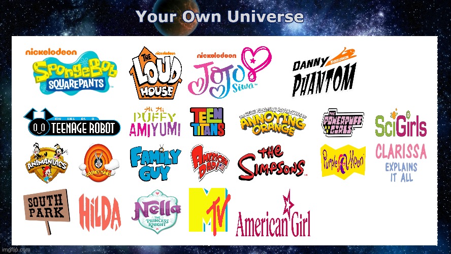 B. Reina's Own Universe | image tagged in spongebob squarepants,the loud house,jojo siwa,danny phantom,family guy,the simpsons | made w/ Imgflip meme maker