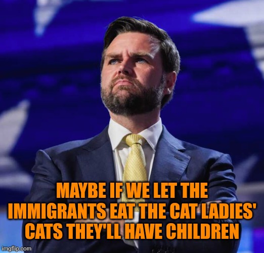 JD Vance thinks big | MAYBE IF WE LET THE IMMIGRANTS EAT THE CAT LADIES' CATS THEY'LL HAVE CHILDREN | image tagged in jd vance thinks big,cats,children,immigrants,ladies,crazy republican men | made w/ Imgflip meme maker