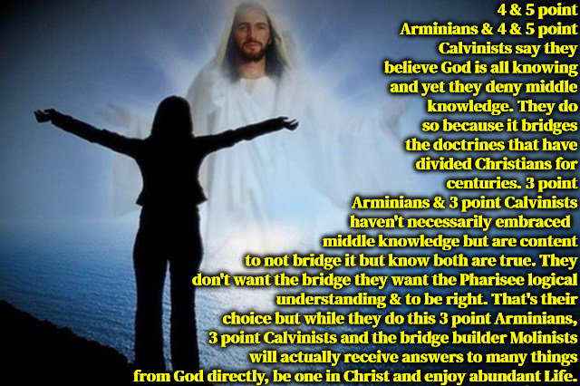 Abundant Life Or Phariseeism | 4 & 5 point Arminians & 4 & 5 point Calvinists say they believe God is all knowing and yet they deny middle knowledge. They do so because it bridges the doctrines that have divided Christians for centuries. 3 point Arminians & 3 point Calvinists haven't necessarily embraced; middle knowledge but are content to not bridge it but know both are true. They don't want the bridge they want the Pharisee logical understanding & to be right. That's their choice but while they do this 3 point Arminians, 3 point Calvinists and the bridge builder Molinists will actually receive answers to many things from God directly, be one in Christ and enjoy abundant Life. | image tagged in calvinism,arminian,pharisees,reformed theology,dividing true brethren for centuries,churchianity | made w/ Imgflip meme maker