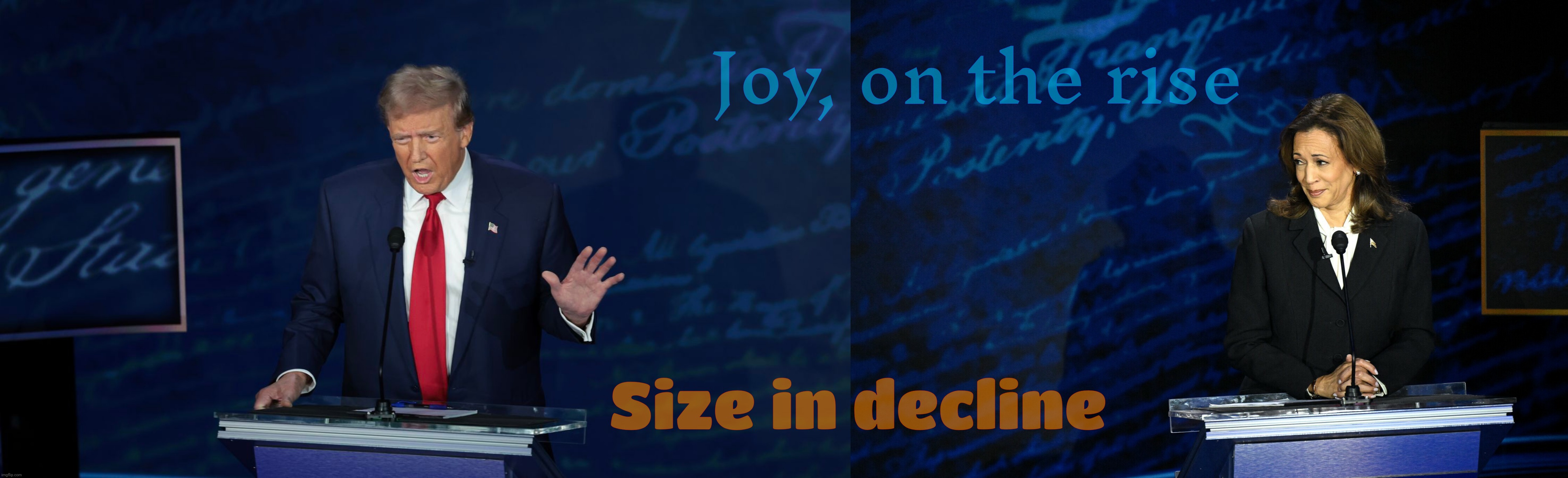 Hasn't Trump been emasculated enough? | Joy, on the rise Size in decline | image tagged in kamala harris,donald trump,harris trump debate,the debate to end all debates,snip snip,can't afford any more nad snippage | made w/ Imgflip meme maker