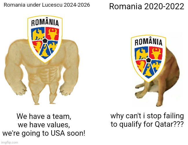 High Romania! we'll keep on fighting until the end... | Romania under Lucescu 2024-2026; Romania 2020-2022; We have a team, we have values, we're going to USA soon! why can't i stop failing to qualify for Qatar??? | image tagged in memes,buff doge vs cheems,romania,futbol,world cup,sports | made w/ Imgflip meme maker