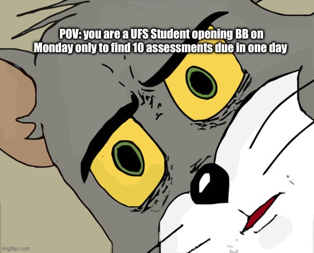 UFS student meme | POV: you are a UFS Student opening BB on Monday only to find 10 assessments due in one day | image tagged in memes,unsettled tom | made w/ Imgflip meme maker