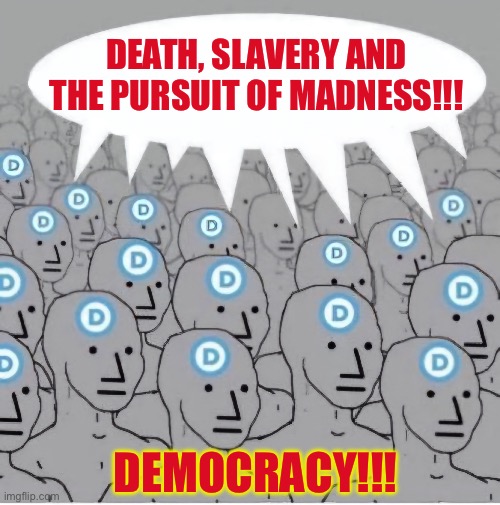 NPC Democrat Template with Speech Bubble | DEATH, SLAVERY AND THE PURSUIT OF MADNESS!!! DEMOCRACY!!! | image tagged in npc democrat template with speech bubble | made w/ Imgflip meme maker