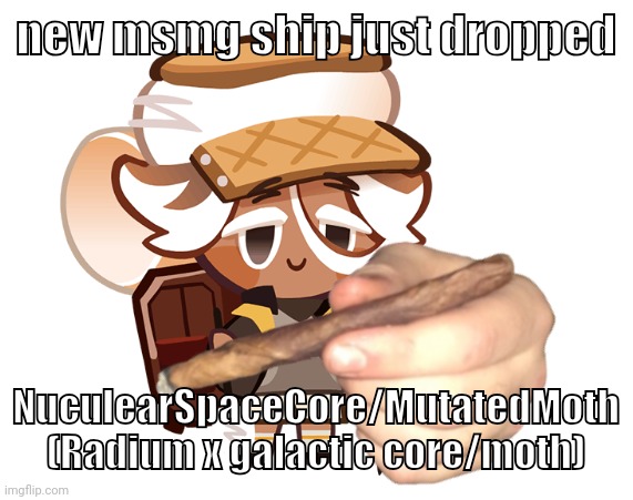 smore cookie with a blunt | new msmg ship just dropped; NuculearSpaceCore/MutatedMoth (Radium x galactic core/moth) | image tagged in smore cookie with a blunt | made w/ Imgflip meme maker