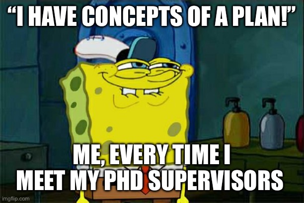 Concepts of a plan | “I HAVE CONCEPTS OF A PLAN!”; ME, EVERY TIME I MEET MY PHD SUPERVISORS | image tagged in memes,don't you squidward | made w/ Imgflip meme maker