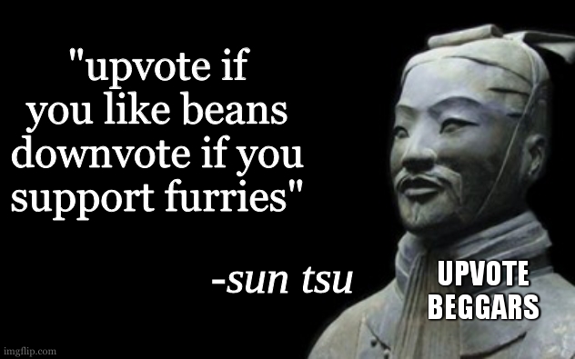 this is not me asking for upvote, okay | "upvote if you like beans downvote if you support furries"; UPVOTE BEGGARS | image tagged in sun tsu fake quote | made w/ Imgflip meme maker