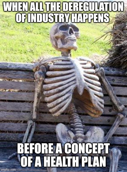 Waiting Skeleton | WHEN ALL THE DEREGULATION OF INDUSTRY HAPPENS; BEFORE A CONCEPT OF A HEALTH PLAN | image tagged in memes,waiting skeleton | made w/ Imgflip meme maker