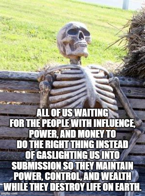 It's the End of the World | ALL OF US WAITING FOR THE PEOPLE WITH INFLUENCE, POWER, AND MONEY TO DO THE RIGHT THING INSTEAD OF GASLIGHTING US INTO SUBMISSION SO THEY MAINTAIN POWER, CONTROL, AND WEALTH WHILE THEY DESTROY LIFE ON EARTH. | image tagged in memes,waiting skeleton,politics,wealth | made w/ Imgflip meme maker