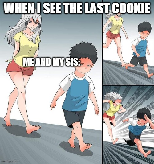 Anime Chase Meme | WHEN I SEE THE LAST COOKIE; ME AND MY SIS: | image tagged in anime chase meme | made w/ Imgflip meme maker